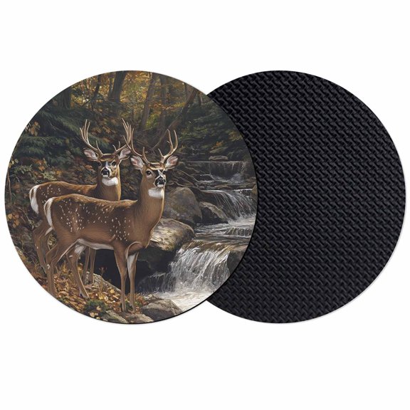 Forest Deer Coasters Set of 2, Farmhouse Vintage River Elk Absorbent Coasters for Drinks, Coaster for Bar Office Dining Coffee Table Accessories Decor, Non Slip Round Desk Coaster