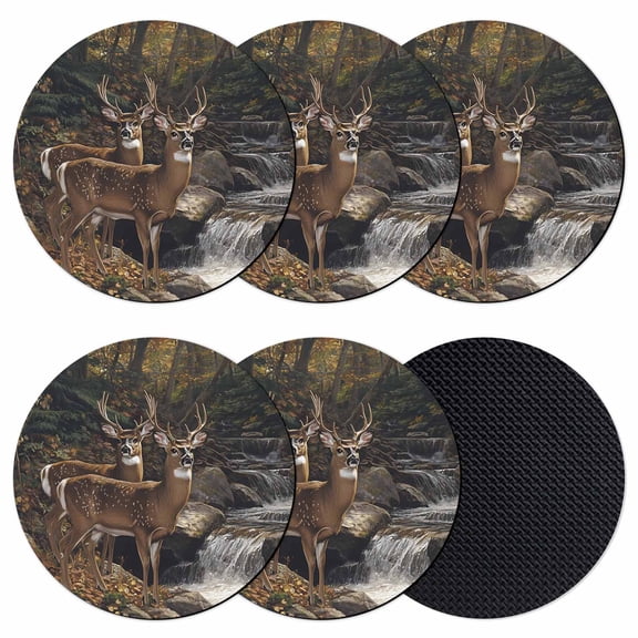 Forest Deer Coasters Set of 6, Farmhouse Vintage River Elk Absorbent Coasters for Drinks, Coaster for Bar Office Dining Coffee Table Accessories Decor, Non Slip Round Desk Coaster