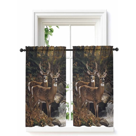 Forest Deer Curtains 54 Inch Length, Sheer Curtains for Bedroom Living Room Window Farmhouse Vintage River Elk Rod Pocket Voile Drapes Kitchen Curtains Small Half Window 42"x54" 2 Panels