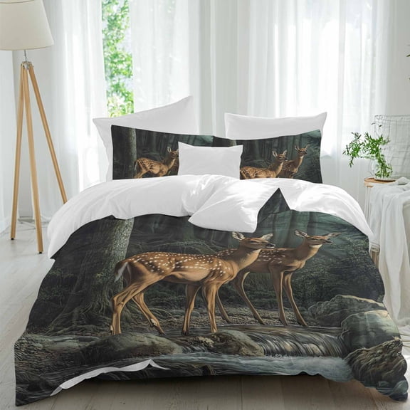 Forest Deer Duvet Cover Set Full Size Animals River Soft Lightweight Comforter Covers 4 Piece Bedding Set with 1 Duvet Cover 1 Bed Sheet & 2 Pillow Shams