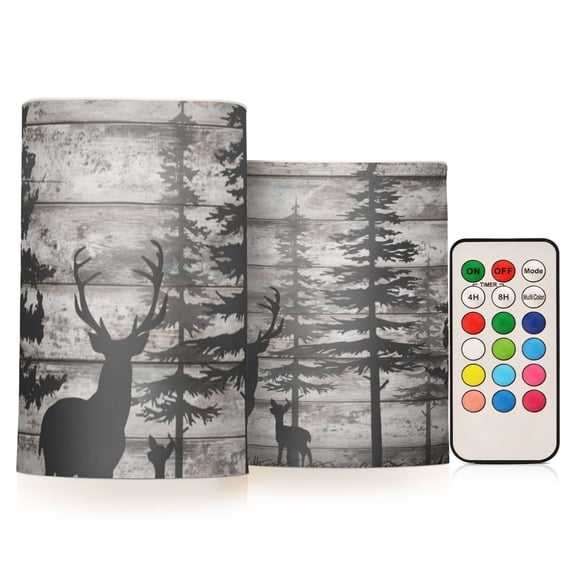 Forest Deer Flickering Flameless Candles Battery Operated with Remote Timer LED Pillar Candles Set of 2