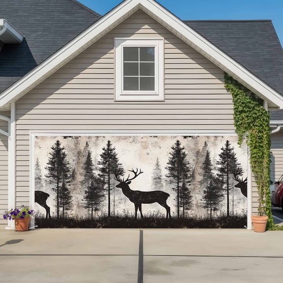 Forest Deer Garage Door Cover Banner 7 x 8 FT, Rustic Country Wildlife Woodland Black Beige Garage Door Curtains Backdrop with Grommets for Indoor Outdoor Wall Party Porch Yard Decorations Background