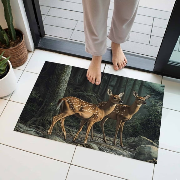 Forest Deer Indoor Door Mat 16x24 Inch Animals River Front Door Mat Non Slip Washable Entryway Rug Low Profile Dirt Trapper Doormat for Bathroom Kitchen Bedroom