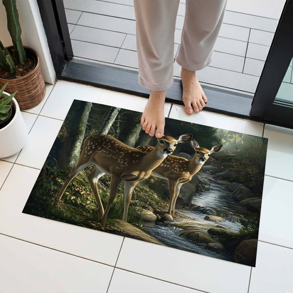 Forest Deer Indoor Door Mat 16x24 Inch River Animals Front Door Mat Non Slip Washable Entryway Rug Low Profile Dirt Trapper Doormat for Bathroom Kitchen Bedroom