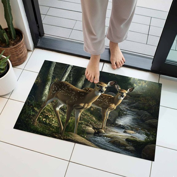 Forest Deer Indoor Door Mat 20x31.5 Inch River Animals Front Door Mat Non Slip Washable Entryway Rug Low Profile Dirt Trapper Doormat for Bathroom Kitchen Bedroom