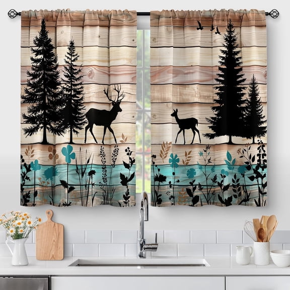 Forest Deer Kitchen Curtains - Wood Retro Teal Cafe Country Rustic Small Short Tier Window Curtains for Bathroom Living Room Decor Rod Pocket Window Drapes 36 Inch Length Set 28"x36"