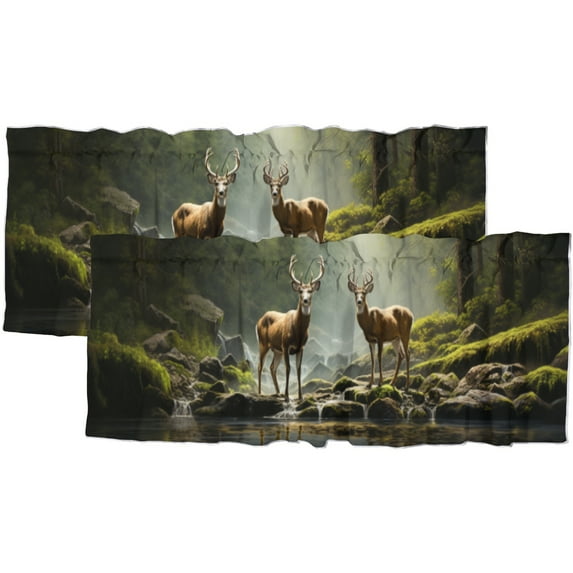 Forest Deer Kitchen Valance Curtains Farmhouse Animals Rustic Spring Wildlife Elk Window Valance for Living Room Bedroom, Kitchen Valance Rod Pocket Window Decor Curtain 54 by 18 in, 2 Panel