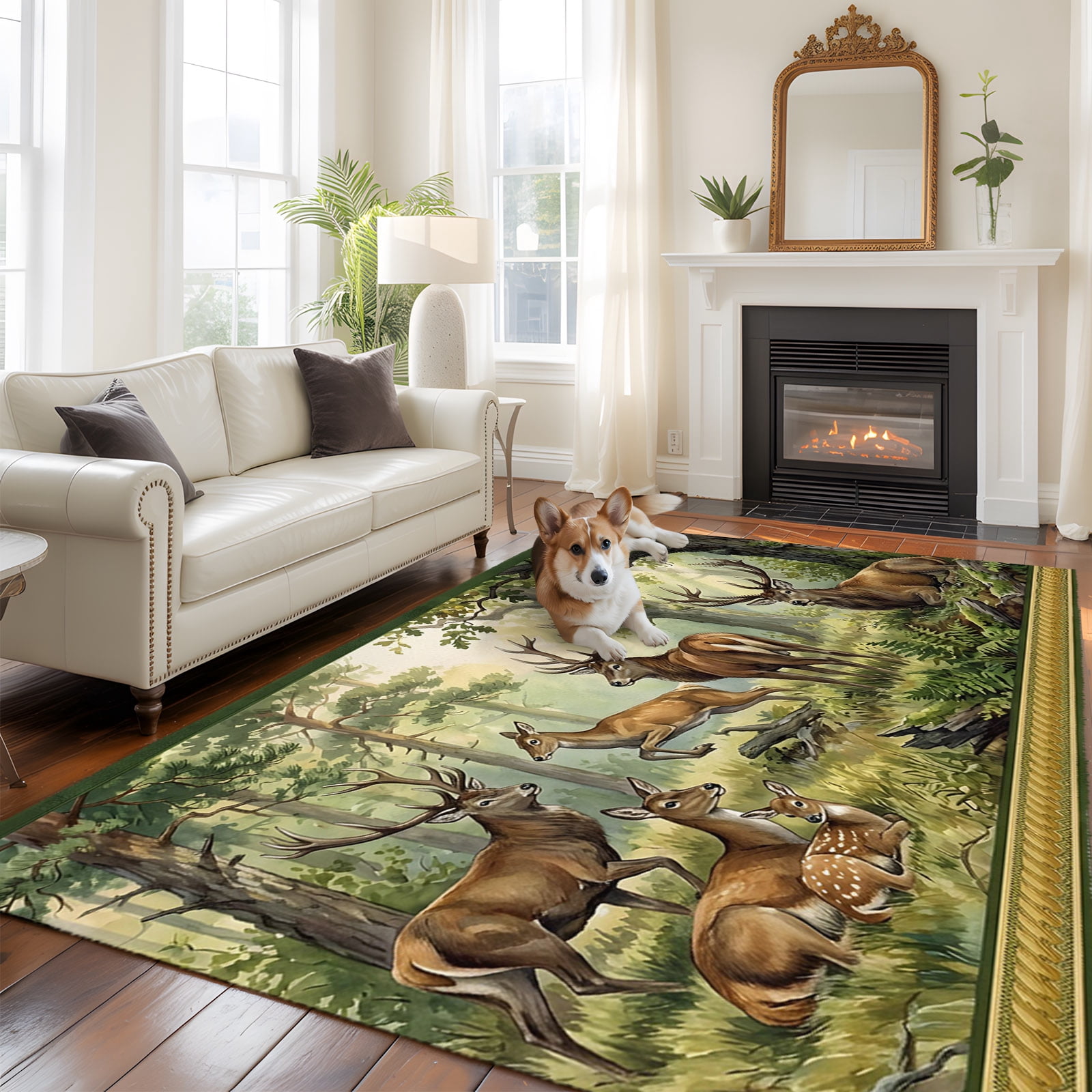 Foresty Rug Forest Deer Large Area Rugs 8x10ft Country Wilderness Farmhouse Green ...