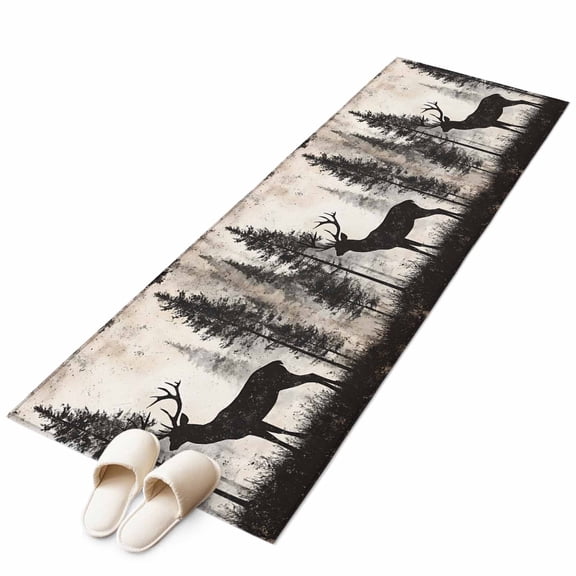 Forest Deer Large Area Rugs for Bedroom Living Room, Non Slip Carpet Bedside Rug, Rustic Country Wildlife Woodland Black Beige Rectangular Floor Cover Kitchen Accent Rug 2'x6' for Dining Room/Office