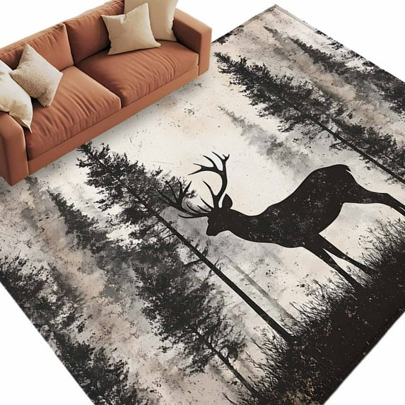 Forest Deer Large Area Rugs for Bedroom Living Room, Non Slip Carpet Bedside Rug, Rustic Country Wildlife Woodland Black Beige Rectangular Floor Cover Kitchen Accent Rug 8'x10' for Dining Room/Office