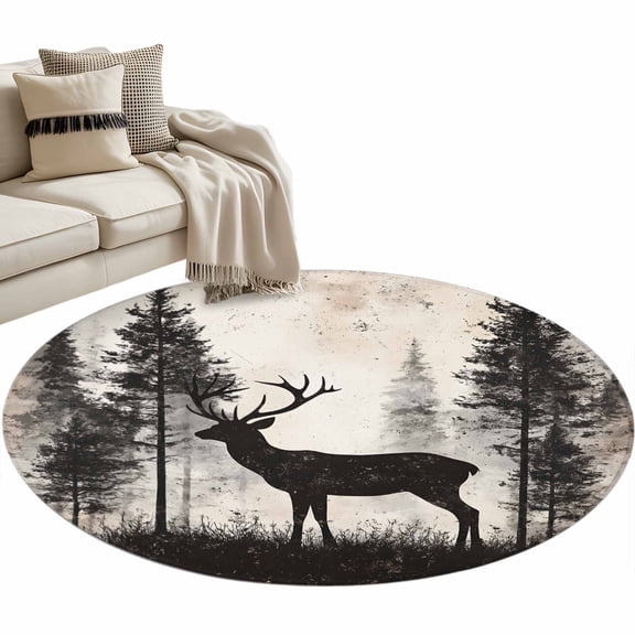 Forest Deer Large Area Rugs for Bedroom Living Room, Soft Non Slip Carpet Bedside Rug, Rustic Country Wildlife Woodland Black Beige Round Floor Cover Kitchen Accent Rug 4' for Dining Room/Office
