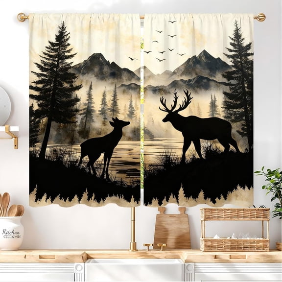 Forest Deer Mountain Kitchen Curtain 27.5W X 39L Inch 2 Panels Rustic Country Misty Cabin Retro Lake Landscape Trees Farmhouse Silhouette Small Short Cafe Tier Bathroom Window Drape Treatment