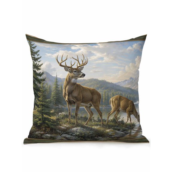 Forest Deer Outdoor Throw Pillow with Insert, 18"x18" Country Wilderness Farmhouse Mountain Pine Tree Lake Waterproof Decorative Square Patio Pillows for Small Patio Chairs, Balcony, Couch