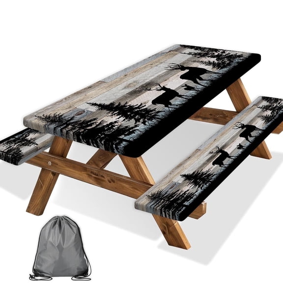 Forest Deer Picnic Table Cover with Bench Covers and Bag, Camping Essentials, Windproof, Fitted Tablecloth Cover with Elastic Edge, for Indoor & Outdoor, Garden, 3 PCS, 30x72 Inch