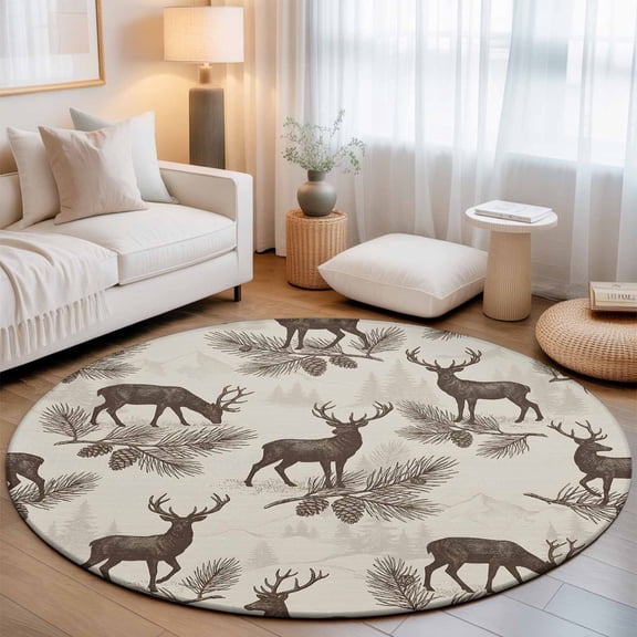 Forest Deer Pinecone Leaf Round Rug 5ft Country Retro Farmhouse Animal Washable Area Rugs for Living Room Bedroom Entryway Non Slip Entrance Door Mat Indoor Floor Carpet