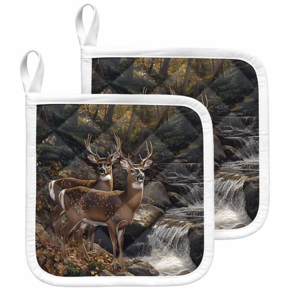 Forest Deer Pot Holders for Kitchen Heatproof Potholder, 2 Pack Farmhouse Vintage River Elk Hot Pads Multipurpose Oven Pads Cloth Potholders Trivet for Cooking and Baking
