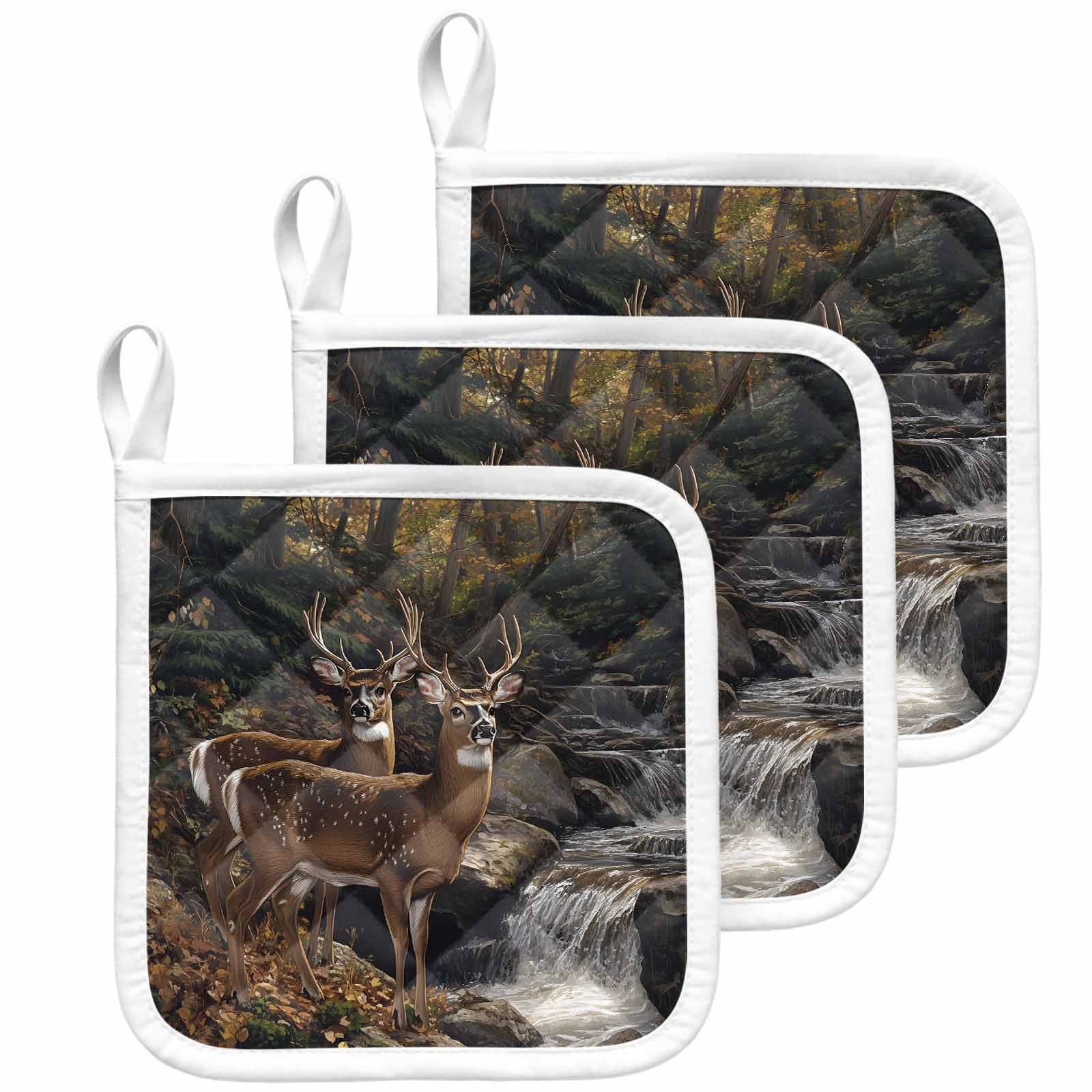 Forest Deer Pot Holders for Kitchen Heatproof Potholder, 3 Pack Farmhouse Vintage River Elk Hot Pads Multipurpose Oven Pads Cloth Potholders Trivet for Cooking Baking