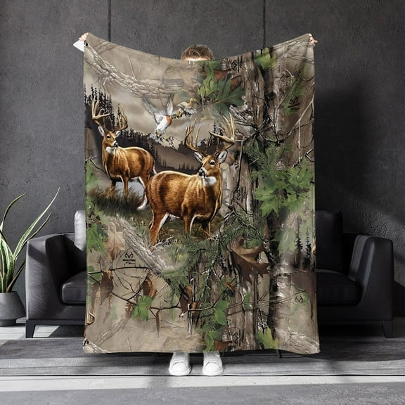Forest Deer Print Blanket All-Season Soft Warm & Breathable Indoor/Outdoor Throw for Camping Home Decor Realistic Deer & Foliage Design