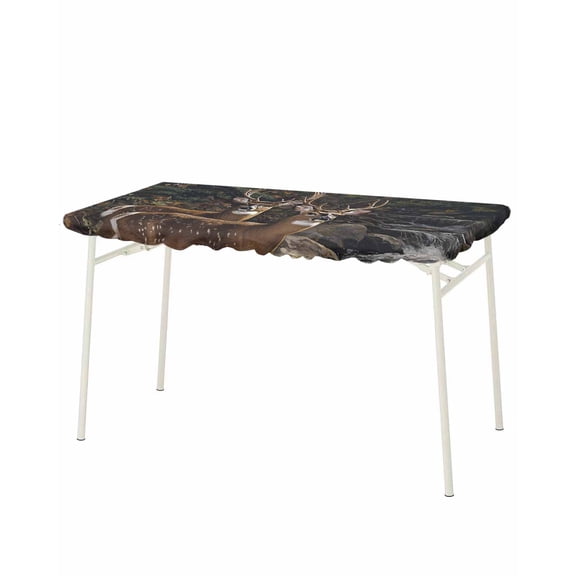 Forest Deer Rectangle Tablecloth, Waterproof Elastic Fitted Table Covers for 8 Foot Tables, 32x96inch Decorative Tablecloths for Picnic, Camping, Indoor, Outdoor, Farmhouse Vintage River Elk