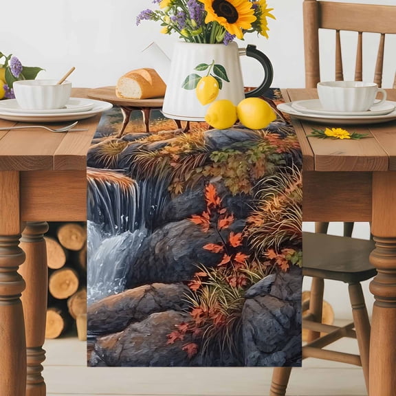 Forest Deer River Landscape Table Runner 36 Inches Long, Nature Waterfall Scenery Table Runners Tabletop Scarf Kitchen Dining Tables Decoration for Home Party Indoor Outdoor