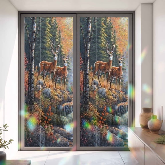 Forest Deer River Landscape Window Privacy Film, Rainbow Film Decorative Window Sticker 35.4x78.7in, Nature Waterfall Scenery Sun Blocking Static Stained Glass Cling Tint Non-Adhesive