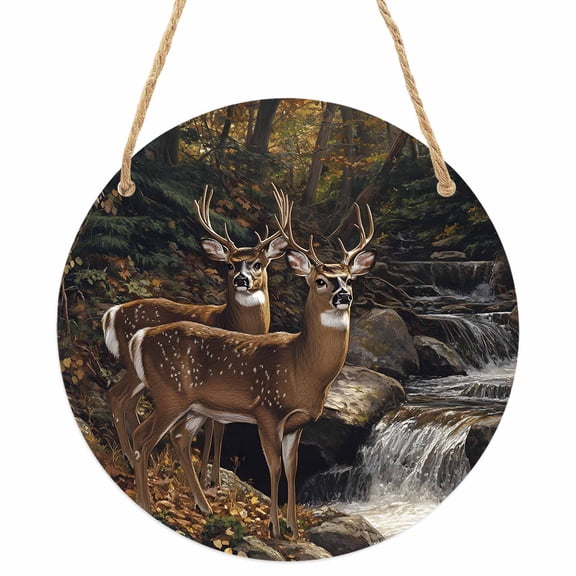 Forest Deer Round Front Door Welcome Sign, 5.9 Inch Wall Hanging Decor for Indoor Outdoor, Farmhouse Vintage River Elk Home Porch Hanger Decorations for Holiday Gift