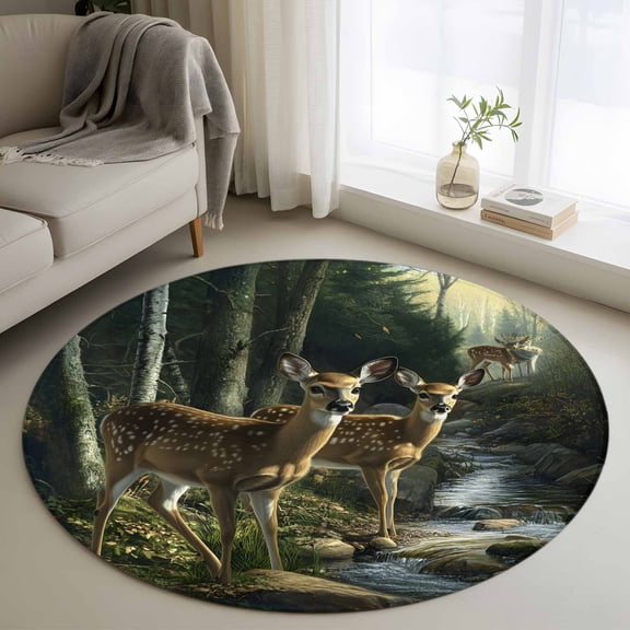 Forest Deer Round Rugs for Living Room 3ft River Animals Non Slip Circle Rug Washable Low-Profile Indoor Carpet for Bedroom, Dining Room, Bathroom