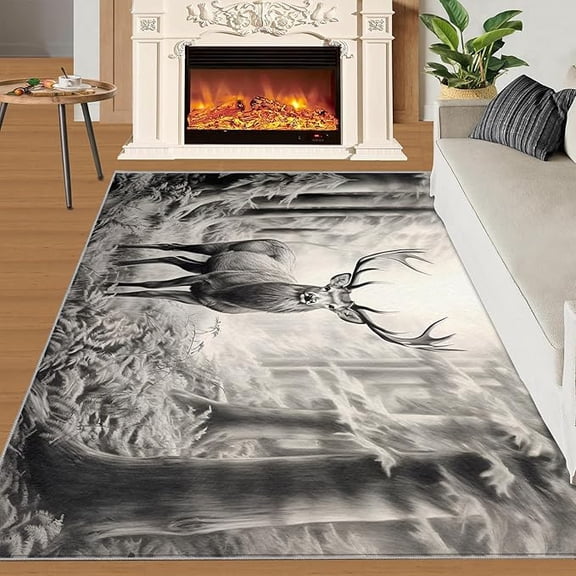 Forest Deer Rugs for Bedroom, Rustic Woodland Deer Area Rug, Nordic Wildlife Rugs for Living Room, Indoor Non-Slip Hunting Rug, Machine Washable Carpet for Front Entrance Floor Decor 3 x 4ft