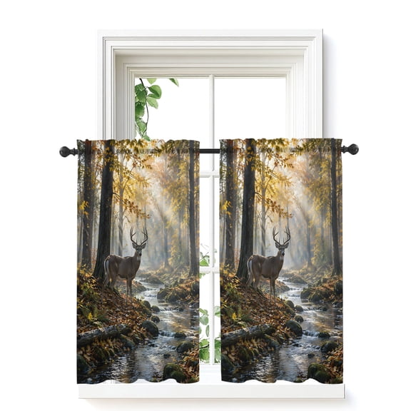 Forest Deer Sheer Window Curtains 45 Inch Length,Rod Pocket Curtains for Bedroom Living Room Window Modern Country Trees Branch Elk Landscape Voile Kitchen Tier Curtains & Drapes 42"x45" 2 Panels