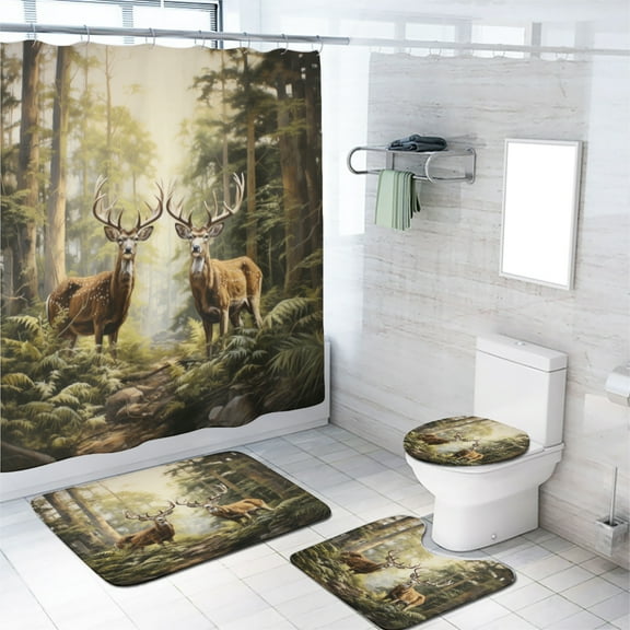 Forest Deer Shower Curtain Set Farmhouse Animals Rustic Spring Wildlife Elk Bathroom Sets Decor Accessories with Non-Slip Rug Toilet Lid Cover Bath Mat and 12 Hooks, 72x72 Inch