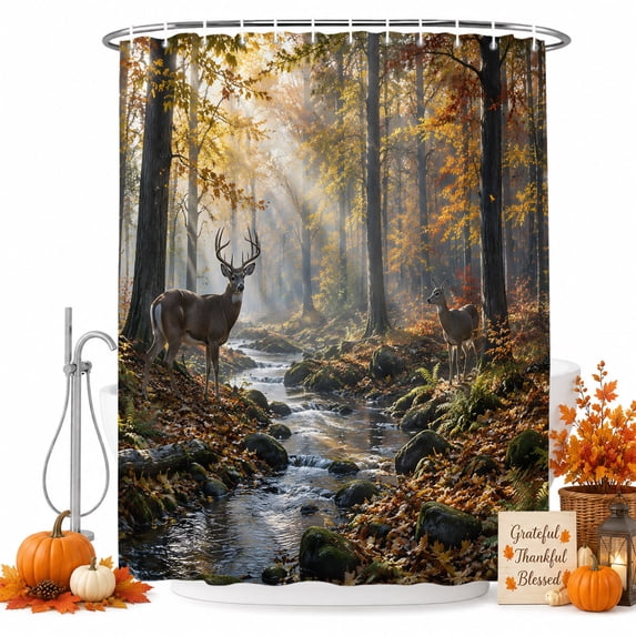 Forest Deer Shower Curtain Set - Standard 72" x 72" Washable Bathtub Curtain with 12 Hooks, Modern Country Trees Branch Elk Landscape Waterproof Fabric Stall Shower Curtains for Bathroom Décor