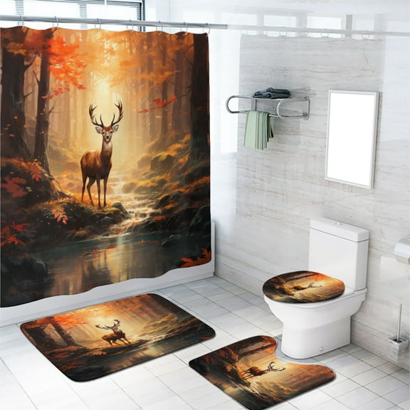 Forest Deer Shower Curtain Sets with Rugs 4 Piece Fall Hunting Theme Elk Wild Animal Country Rustic Farmhouse with 12 Hooks, Bath Mat Set Bathroom Decor by Durable Waterproof Fabric, 72x72 Inch