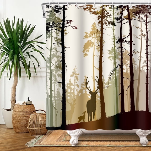 Forest Deer Shower Curtain Wildlife Animal Bath Curtains Rustic Bathroom Decor with Hooks 47"x71" Inch