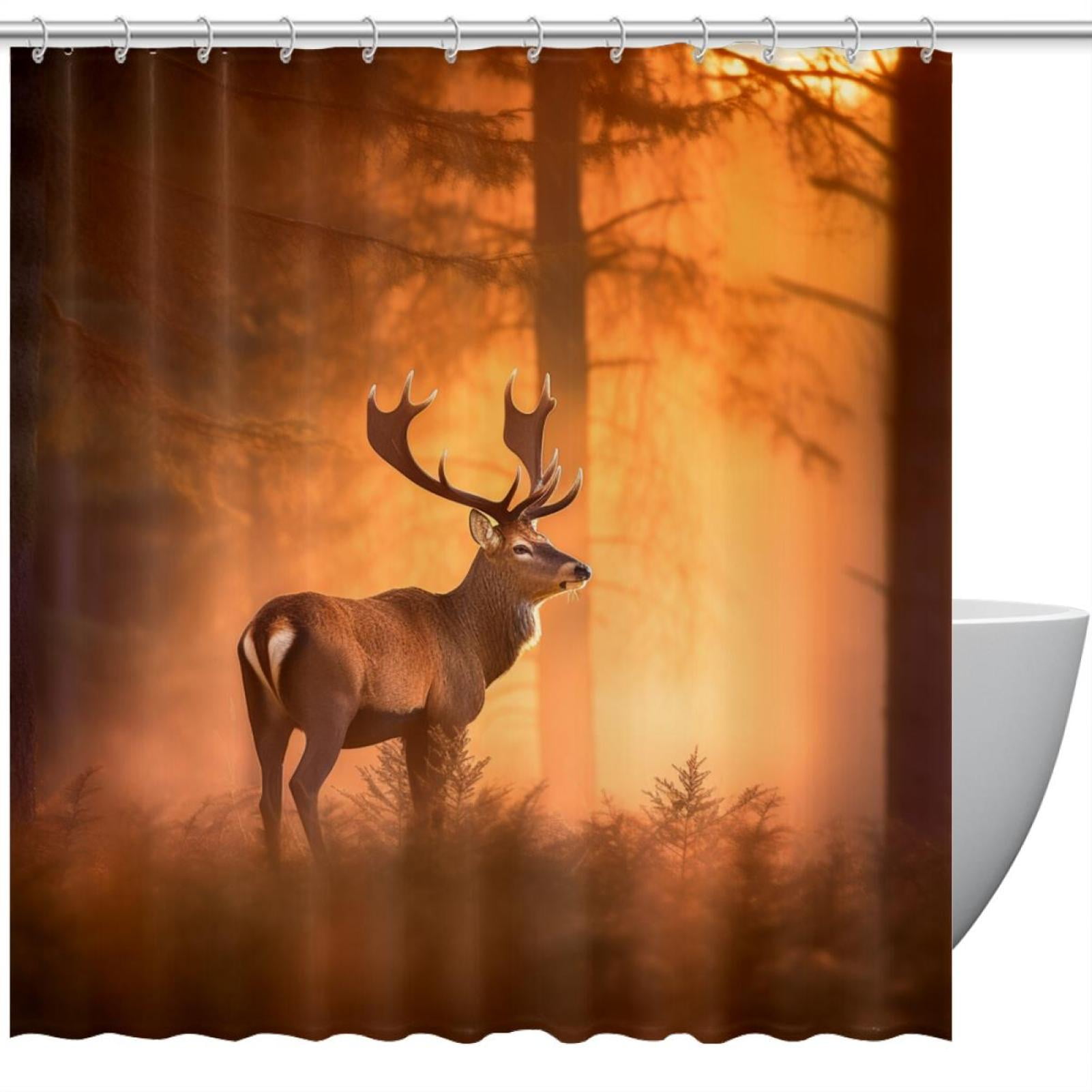 Forest Deer Shower Curtain with Hooks, Waterproof Polyester Fabric