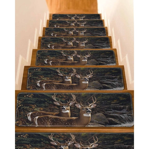 Forest Deer Stair Treads for Wooden Steps Indoor Runner Rug Carpet, Farmhouse Vintage River Elk 4 Pieces Peel and Stick Staircase Step Treads Covers Washable Throw Door Mats, 30"x8"