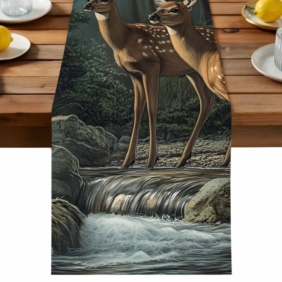 Forest Deer Table Runner, Animals River Cotton Linen Table Cloth, Tablerunner for Kitchen Dining Party Wedding Home Decor 13x108 Inch