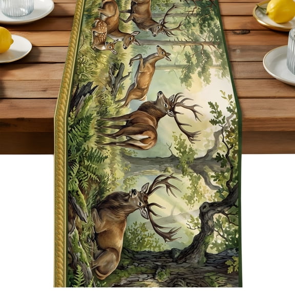 Forest Deer Table Runner, Country Wilderness Farmhouse Green Tree Grass Cotton Linen Table Cloth, Tablerunner for Kitchen Dining Party Wedding Home Decor 13x36 Inch