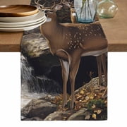 Forest Deer Table Runner, Farmhouse Vintage River Elk Washable Cotton Linen Table Runners 36 Inches Long, Dresser Scarf Runner for Nightstand/End Tables/Round Tables 13x36