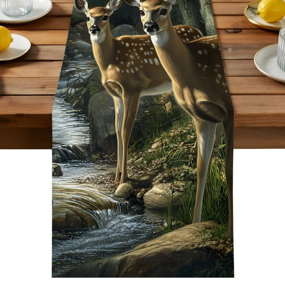 Forest Deer Table Runner, River Animals Cotton Linen Table Cloth, Tablerunner for Kitchen Dining Party Wedding Home Decor 13x36 Inch