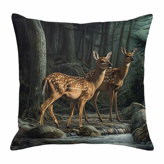Forest Deer Throw Pillow Cover Animals River Cotton Linen Cushion Cover Throw Pillow Case with Invisible Zipper for Couch Sofa Bed Chair Car 18x18 Inch