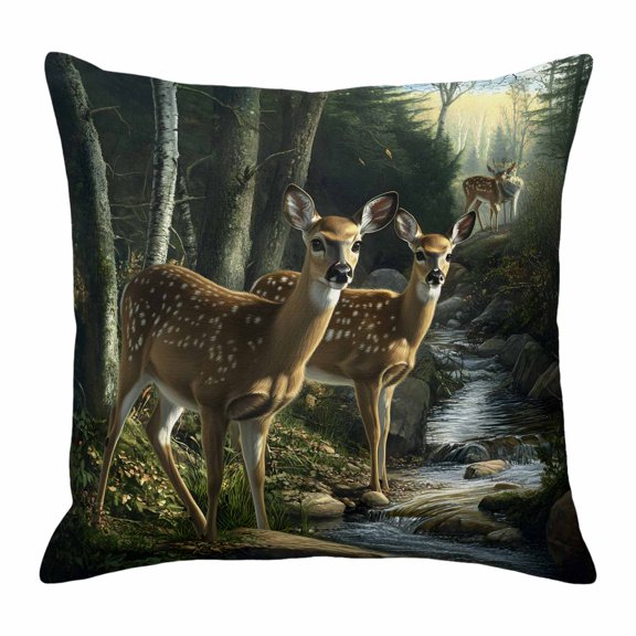 Forest Deer Throw Pillow Cover River Animals Cotton Linen Cushion Cover Throw Pillow Case with Invisible Zipper for Couch Sofa Bed Chair Car 18x18 Inch
