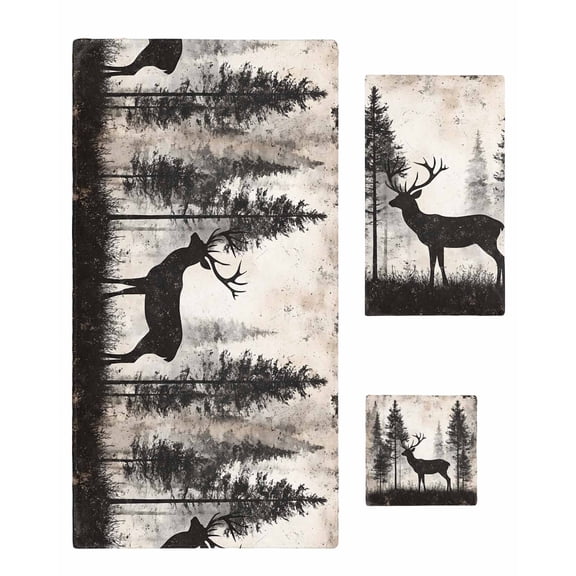 Forest Deer Towel Set of 3, Soft Microfiber Bath Towels, Hand Towel, Washcloths, Rustic Country Wildlife Woodland Black Beige Quick-Dry Absorbent Towels for Bathroom Kitchen Hotel Beach Gym Spa