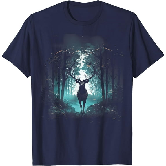 Forest Deer Wildlife Animal Illustration Softstyle Unisex T-Shirt,Navy Color,Size YS
