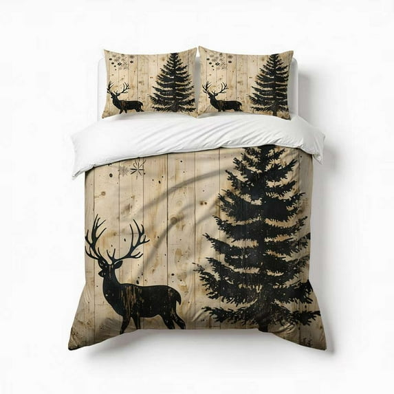 Forest Deer Wood Grain Bedding Set 3 Pcs Soft Microfiber Quilt Cover For Bedroom Decor, Comforter Cover With 2 Pillowcase