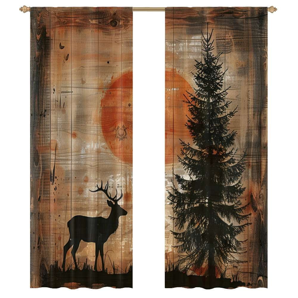 Sunset Forest Mountain Blackout Curtains - Retro Cabin Deer Design, Thermal Insulated, 2 Panels 63"L X 31.5"W