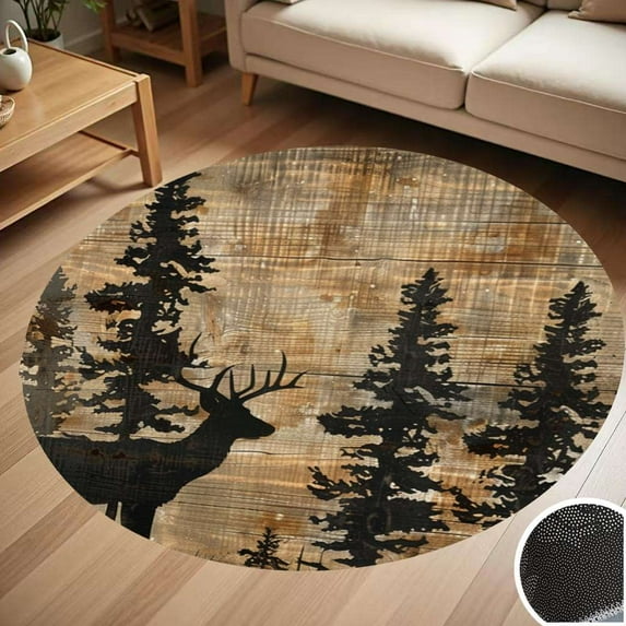 Forest Deer Wood Grain Round Carpet Living Room Bedroom Home Decoration Coffee Table Mat Lounge Rug Chair Mats
