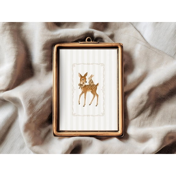 Forest Deer and Bunny Nursery Print, Beige Cottagecore Poster Decor Home Size 24x36 Unframed Poster