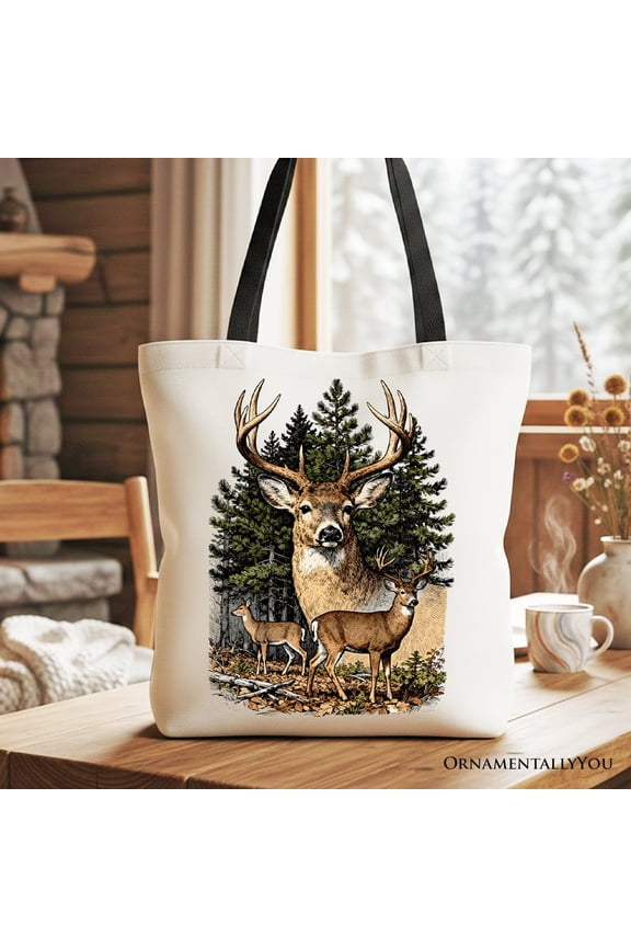 Forest Deers Vintage Grunge Canvas Tote Bag, Retro Hunter Gift Shopper