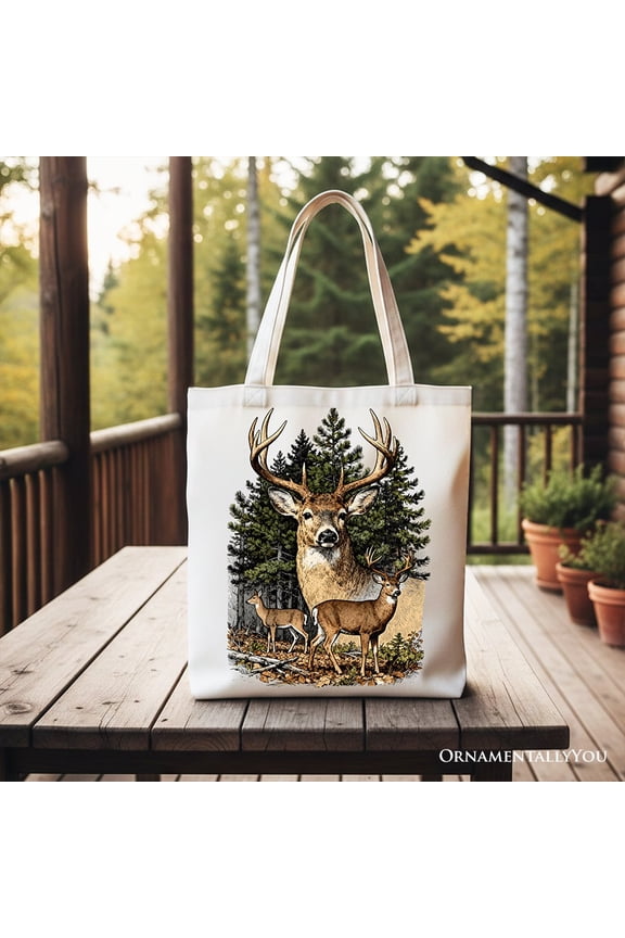 Forest Deers Vintage Grunge Canvas Tote Bag, Retro Hunter Gift Shopper