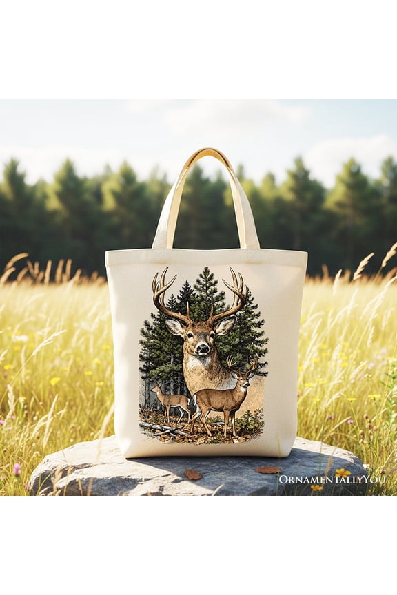 Forest Deers Vintage Grunge Canvas Tote Bag, Retro Hunter Gift Shopper